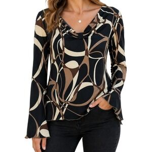 RAG Abstract Swirl Cowl Neck Top Womens Medium Black Tan Flared Sleeve